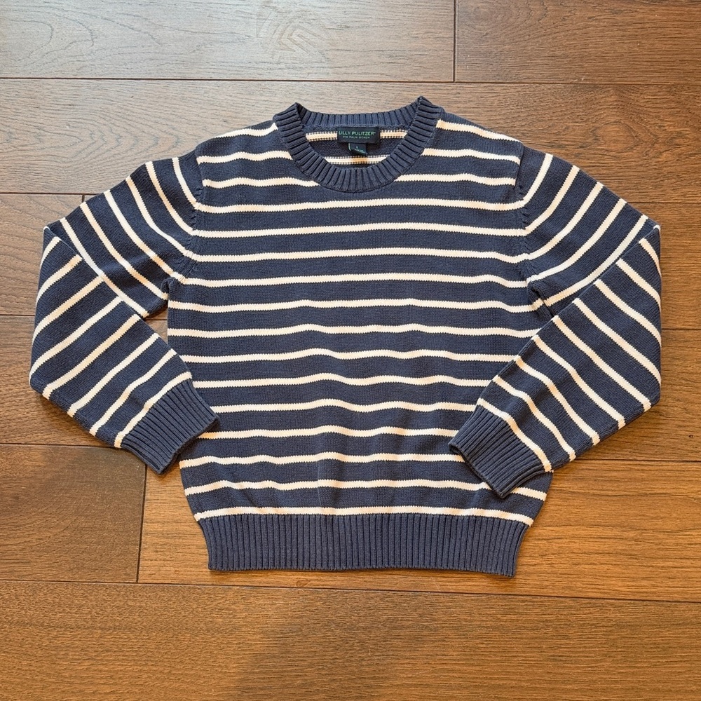 Lilly Pulitzer Girls Navy and White Striped Crewneck Sweater Large C5-020
